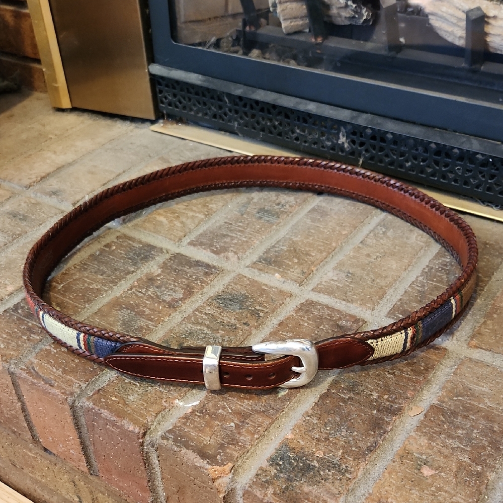 Brighton Brown Leather Belt with Multicolor Woven Inlay size 42.